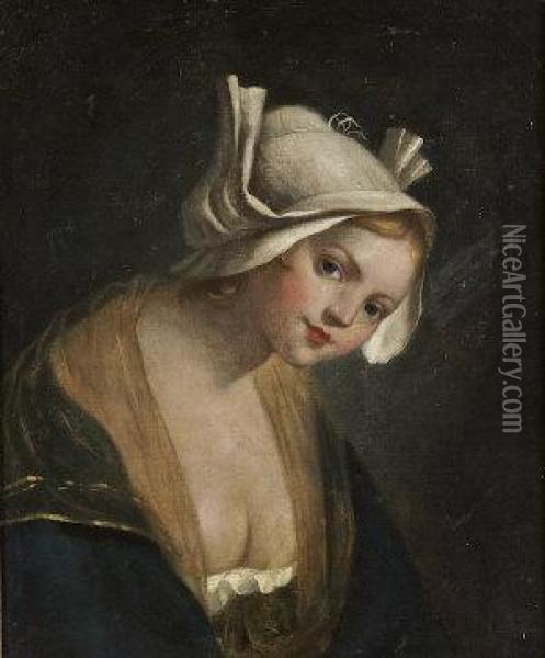 Portrait Of A Peasant Girl, Half Length Oil Painting - Andre Bouys