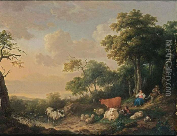 A Wooded Landscape With A Shepherd Playing A Flute And A Shepherdess Spinning Under A Tree, Their Herd Resting In The Foreground Oil Painting - Franciscus Xaverius Xavery