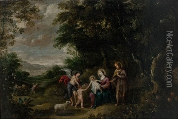 Resting Holy Family During The Flight To Egypt With Baby John The Baptist And Angel Oil Painting - Jan Thomas Van Yperen