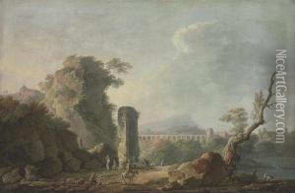 An Italianate Landscape With Figures On A River Bank Oil Painting - Carlo Bonavia