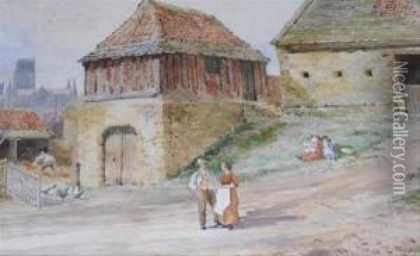 Figures Before A Tythe Barn, With Cathedral Distant Oil Painting - Frank Thompson