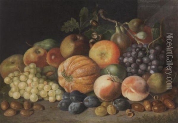 Stilleben Mit Kurbissen, Weintrauben, Apfeln, Pfirschen Und Pflaumen Oil Painting - Johann Daniel Bager