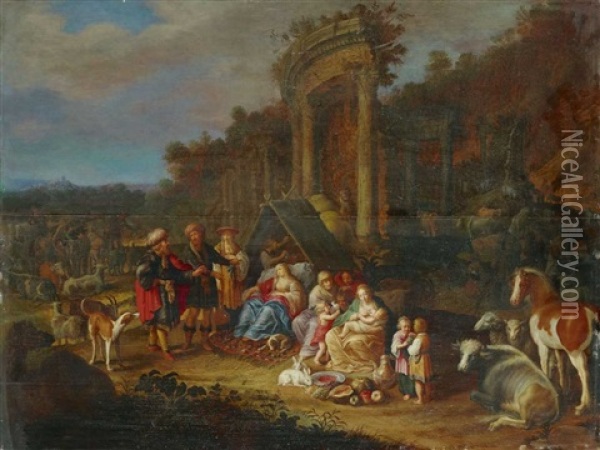 Rahel Auf Den Verborgenen Gotzenbildern Ihres Vaters Sitzend Oil Painting - Adriaen van Nieulandt the Elder