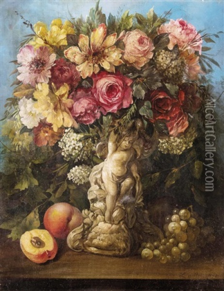 Stillleben Mit Blumen, Obst Und Puttoplastik Oil Painting - Leopold von Stoll