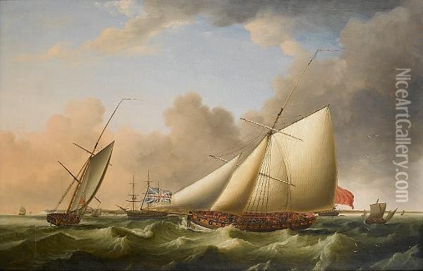 The Revenue Cutter 'greyhound' Patrolling In Two Positions Off Walmer Castle Oil Painting - Thomas Luny