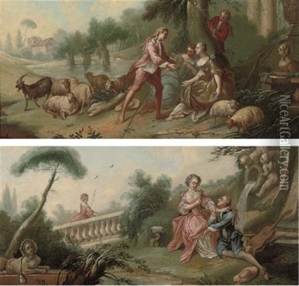 An Amorous Couple In A Garden (+ A Shepherd With His Flock Courting Two Ladies; Pair) Oil Painting - Jean Baptiste Huet