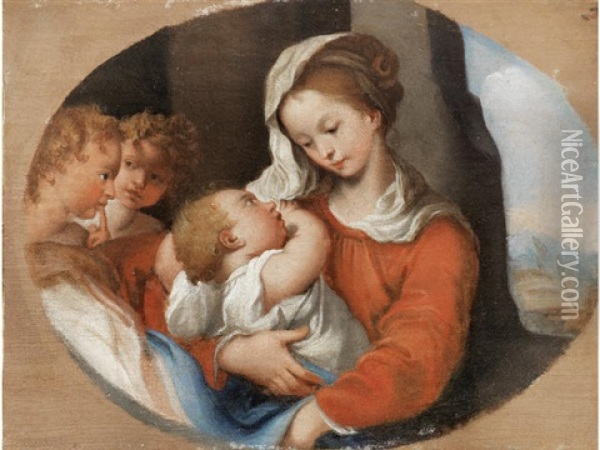 The Madonna And Child With Angels, Within A Painted Oval Oil Painting - Pasquale de' Rossi