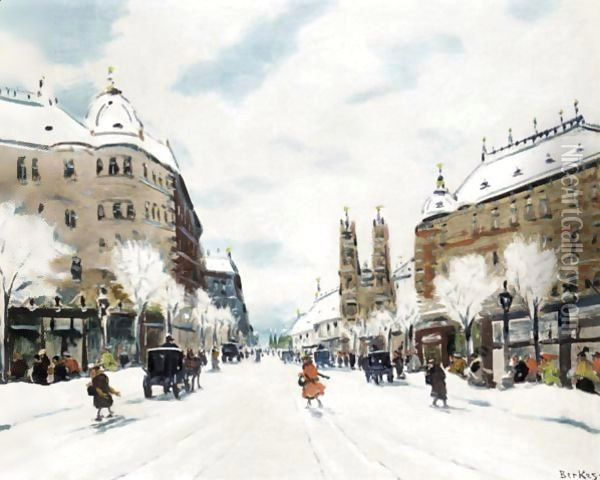 Scene De Rue En Hiver Oil Painting - Antal Berkes