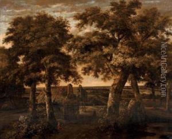 An Extensive Landscape With Trees And A Cottage Oil Painting - Philips Koninck