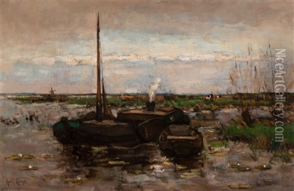 Moored Barge And Rowing Boat In A Polder Landscape Oil Painting - Adolf Frederik Lange