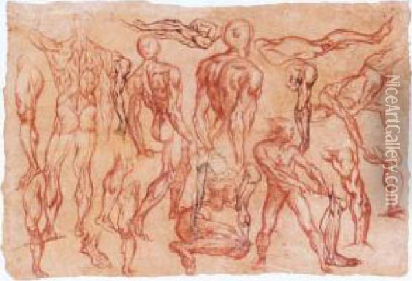 A Sheet Of Studies Of Male Nudes And Echorchee Figures Oil Painting - Bartholomaeus Spranger