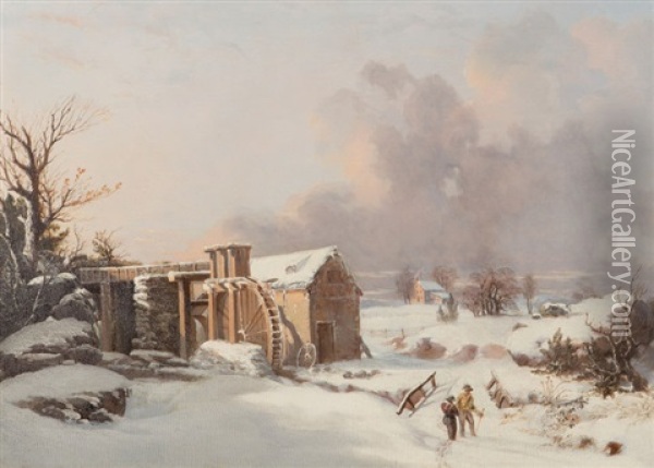 The Mill In Winter Oil Painting - Thomas Birch