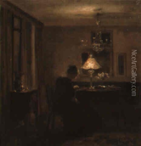 Handarbetande Kvinna Vid Aftonlampa Oil Painting - Carl Vilhelm Holsoe