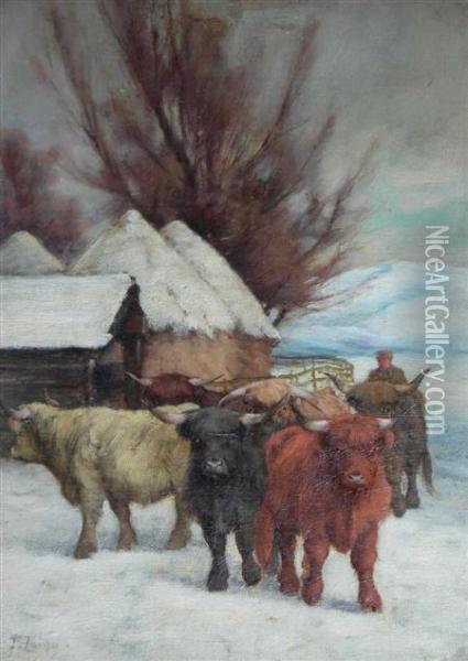 Highland Cattle In Snow Oil Painting - Tomson Laing