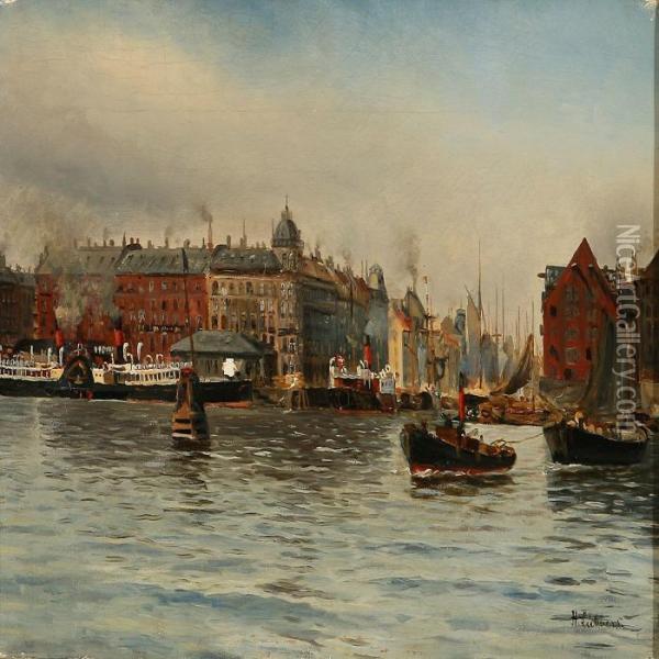 Harbour Scene Fromnyhavn, Denmark Oil Painting - Holger Peter Svane Lubbers