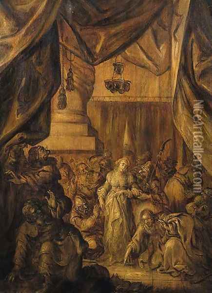 Christ and the woman taken into adultery - en brunaille Oil Painting - Adriaen Pietersz. Van De Venne