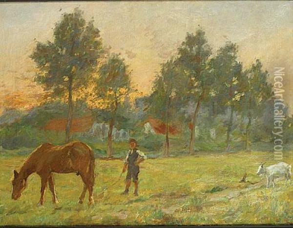 Personnage Et Animaux Dans La Prairie Oil Painting - Leon Houbaer