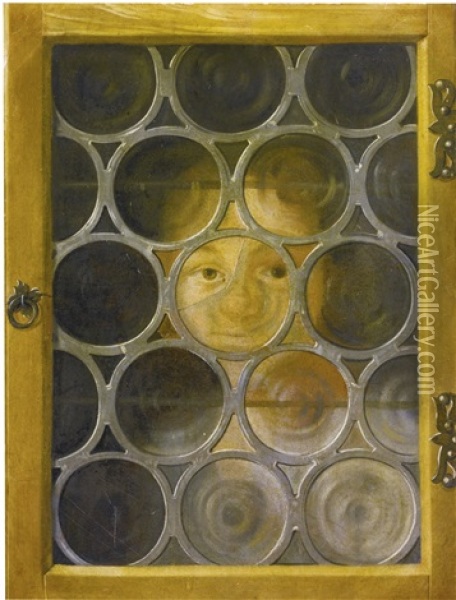 Trompe L'oeil Of A Boy's Face Through A Broken Leaded Window Oil Painting - Joseph Plepp