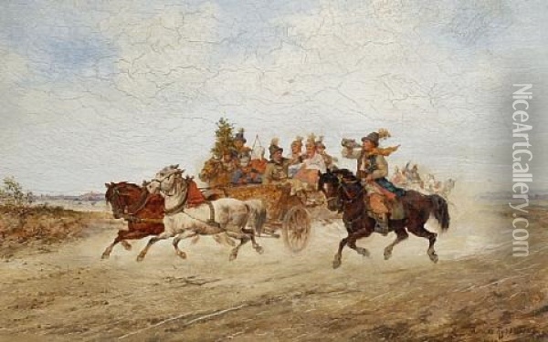 Villagers Riding To A Festival Oil Painting - Tadeusz Rybkowski