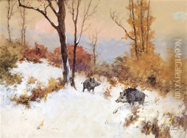 Wildschweine Im Winterwald Oil Painting - Antal (Laszlo) Neogrady