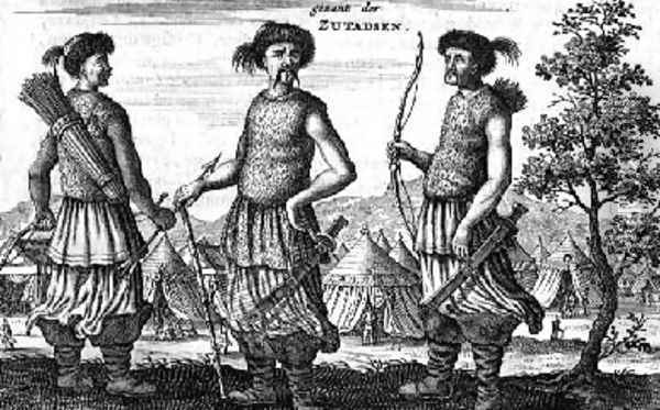 Warriors from the South from an account of a Dutch Embassy to China 1665 Oil Painting - Jacob van Meurs