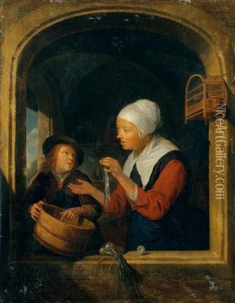 Cuisiniere Preparant Un Poisson Dans L'embrasure D'une Fenetre Oil Painting - Gerrit Dou