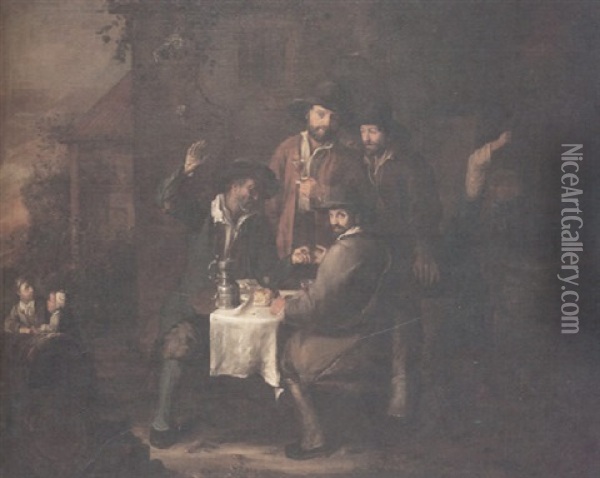 A Group Of Figures Gathered Around A Table Outside A Tavern With The Seated Figures Sealing A Wager Oil Painting - Jean Michelin