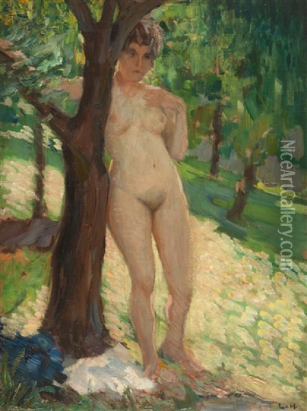 Weiblicher Akt Am Baum Oil Painting - Ludwig Von Hofmann