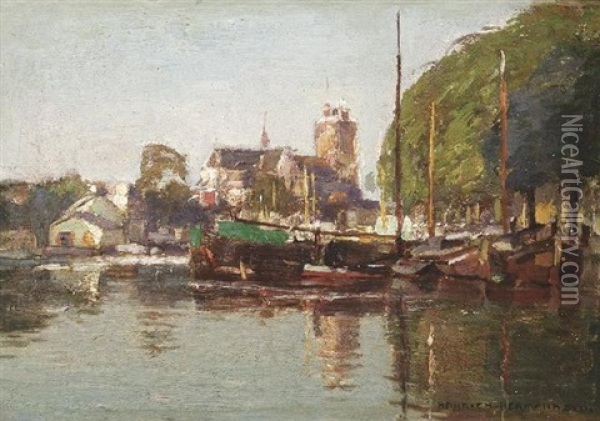 Im Hafen Von Dordrecht. Boote In Der Morgensonne Oil Painting - Heinrich Hermanns