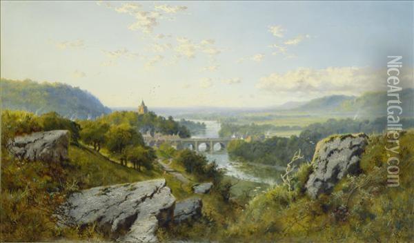 Darley Dalebridge, On The 
Derwent, Derbyshire, An Extensive Summer Landscapewith Figure On A Path 
In Evening Sunlight Oil Painting - Edmund John Niemann, Snr.