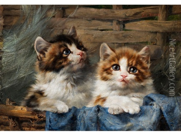 Zwei Katzchen Im Korb Mit Blauem Tuch Oil Painting - Joseph Denovan Adam