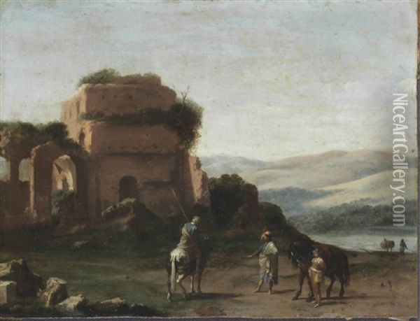 An Italianate Landscape With Figures Before A Ruined Classical Building Oil Painting - Bartholomeus Breenbergh