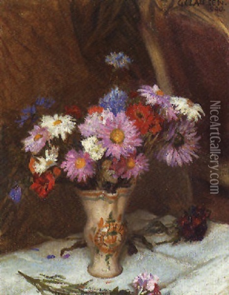 Still Life With Flowers In A Jug On A White Cloth Oil Painting - Sir George Clausen