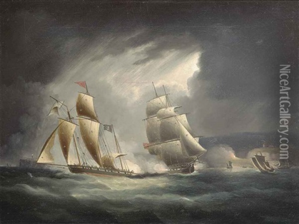 A Royal Navy Frigate Engaging And Chasing A Pirate Lugger Off The South Coast Oil Painting - Thomas Buttersworth