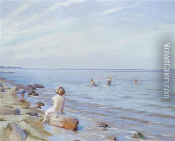 Strandparti Med Lille Pige Pa En Sten Og Badende Born Oil Painting - Harald Slott-Moller