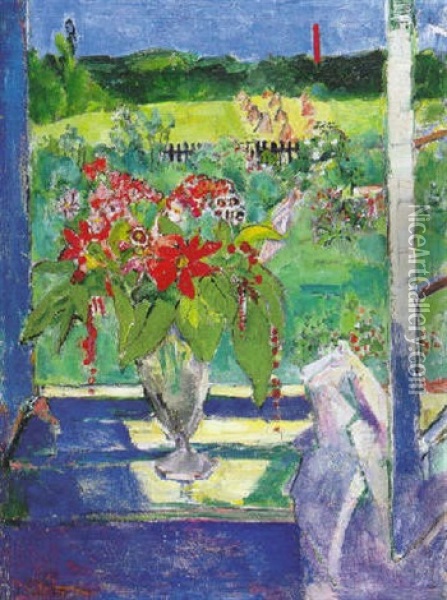 Blumenstraus Mit Fensterausblick Auf Garten, Feld Und Roten Schornstein Oil Painting - Oskar Moll