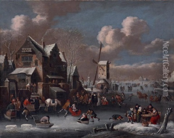 Scene De Patinage Dans Un Village Flamand Oil Painting - Rutger Verburgh