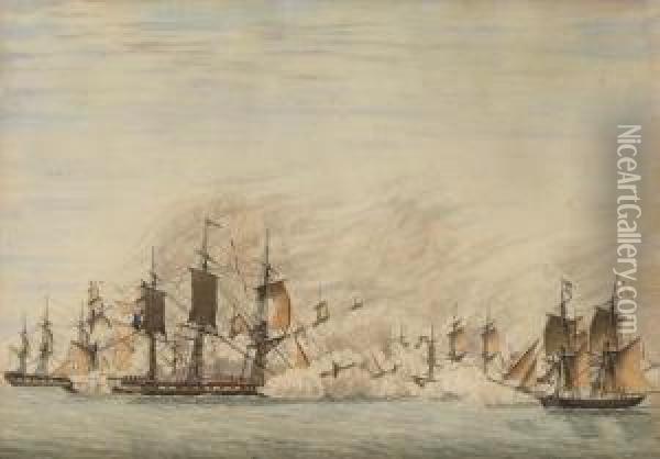 An Anglo-french Naval Engagement Oil Painting - Joseph Roux