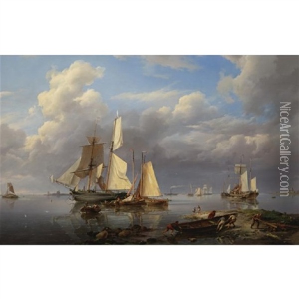 Shipping Estuary: Hauling In The Boats At Day's End Oil Painting - Hermanus Koekkoek the Elder