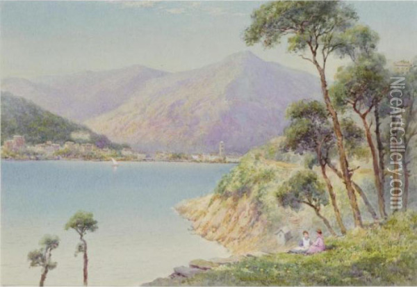 Picnic Overlooking Rapallo; House By An Italian Lake Oil Painting - Claude Hamilton Rowbotham