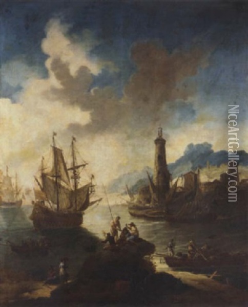 A Mediterranean Port With Fishermen In The Foreground, A Man-o'-war Offshore And A Lighthouse Beyond Oil Painting - Adriaen Van Der Cabel