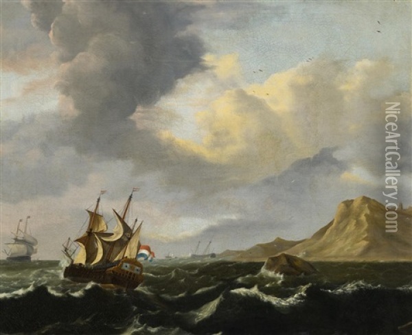 Hollandische Segler In Sturmischer See Vor Der Kuste Oil Painting - Jan Claesz Rietschoof