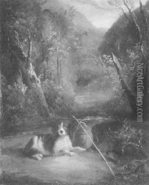 Mountain Landscape, Spaniel Dog In Foreground Oil Painting - Alvan Fisher