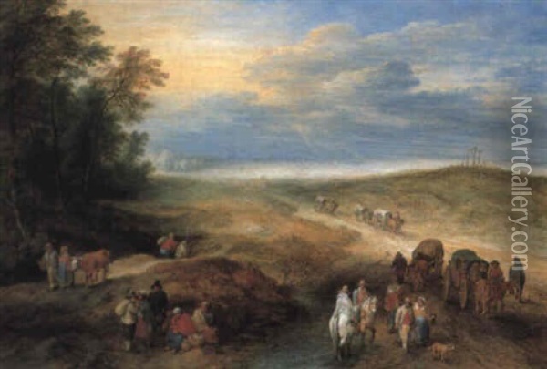 An Extensive Landscape With Horsemen And Travellers On A Track Oil Painting - Theobald Michau