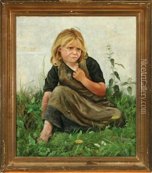 Portrait Of A Girl Sitting In The Grass Oil Painting - Emilie (Caroline E.) Mundt