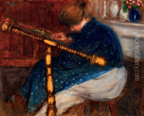 Woman Embroidering Oil Painting - Jozsef Rippl-Ronai