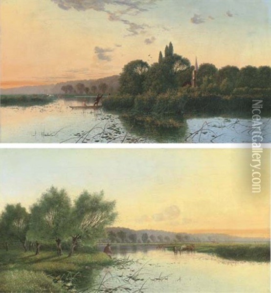 Fishing On A River, With Cattle Beyond (+ Fishing On A River, A Church Beyond; Pair) Oil Painting - Edwin Henry Boddington