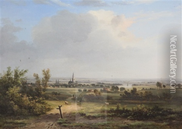 Open Landscape With Church And A Steamer Upon A River Oil Painting - Paul Emmanuel Peraire