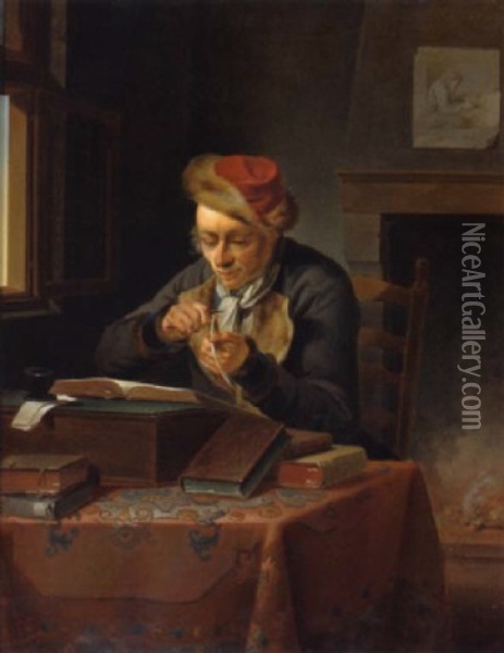 Ein Gelehrter In Seinem Studio Beim Spitzen Des Gansefederkiels Oil Painting - Justus Juncker
