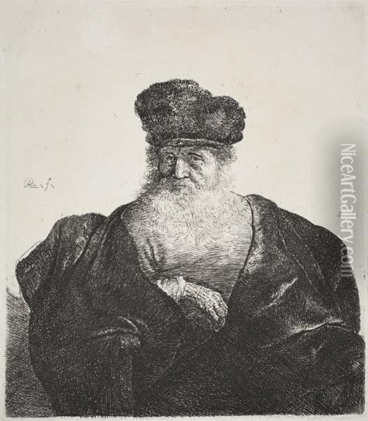 Old Man With Beard, Fur Cap And Velvet Cloak Oil Painting - Rembrandt Van Rijn